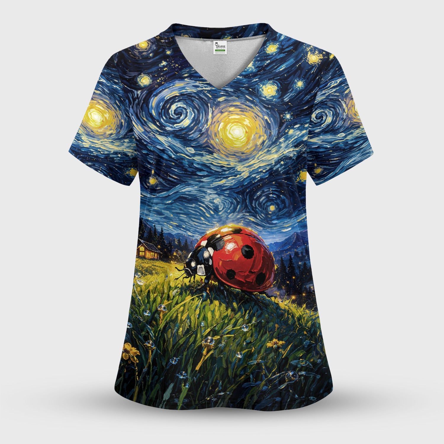 Swirl Night Sky Ladybug Landscape Art Print Scrub Top, Artistic Nature Nursing Uniform for Women
