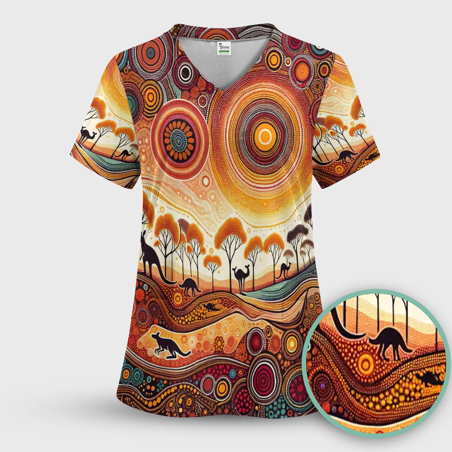 Aboriginal Kangaroo Art Nurse Scrub Top, Comfortable Scrubs for Nurses