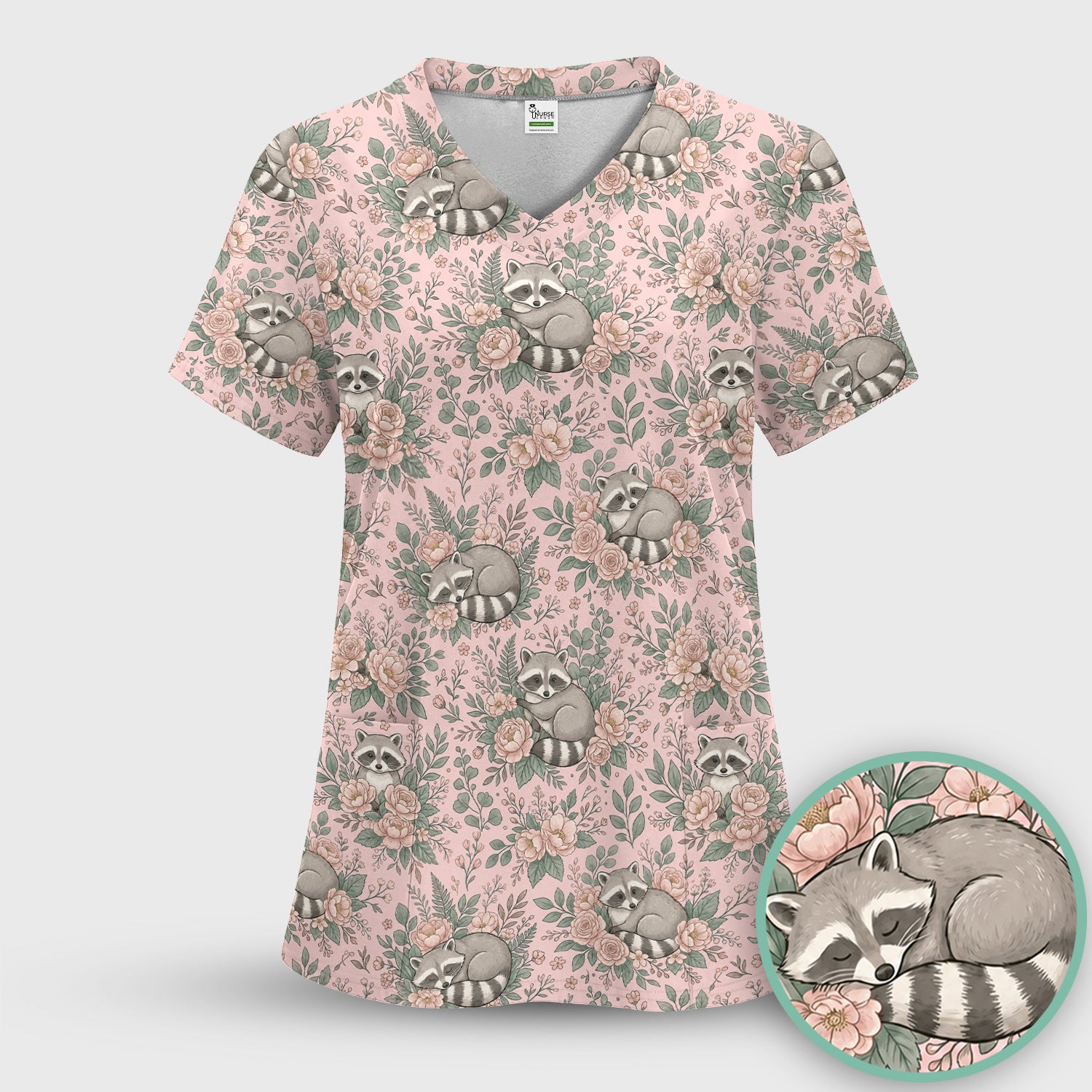 Sleeping Raccoon Rose Garden Pattern Scrub Set, Scrub Pants and V Neck Top