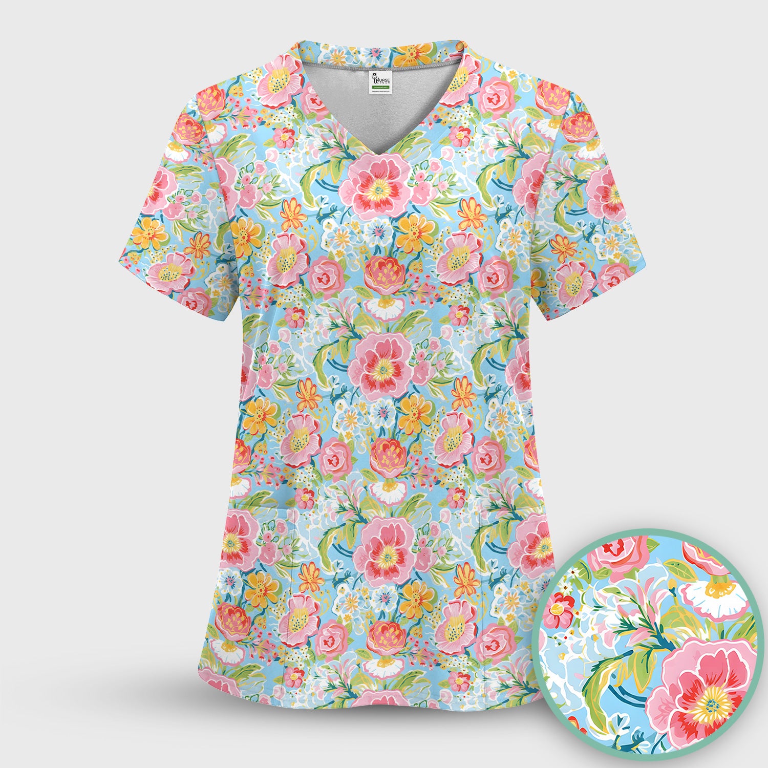 Pastel Tropical Floral Garden Pattern Scrub Top, Comfortable Scrubs for Nurses