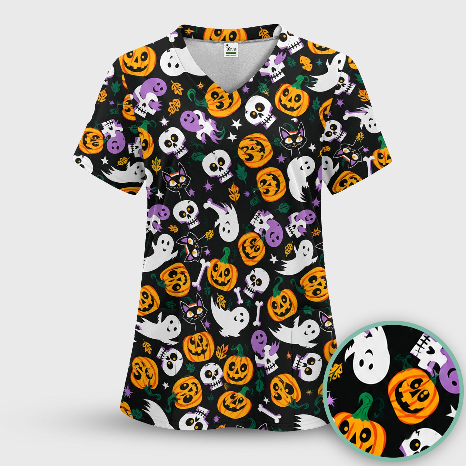 Spooky Pumpkin Ghost Print Scrub Top, Comfortable Scrubs for Nurses