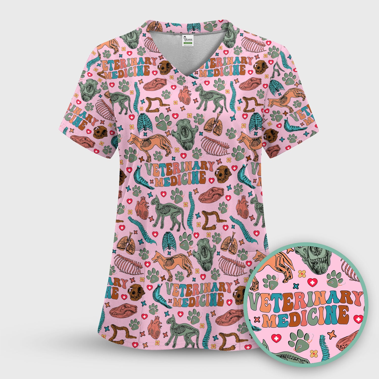 Veterinary Medicine Scrub Top - Cute Animal Anatomy Pattern Medical Shirt - Fun Vet Tech Nurse Scrubs for Women