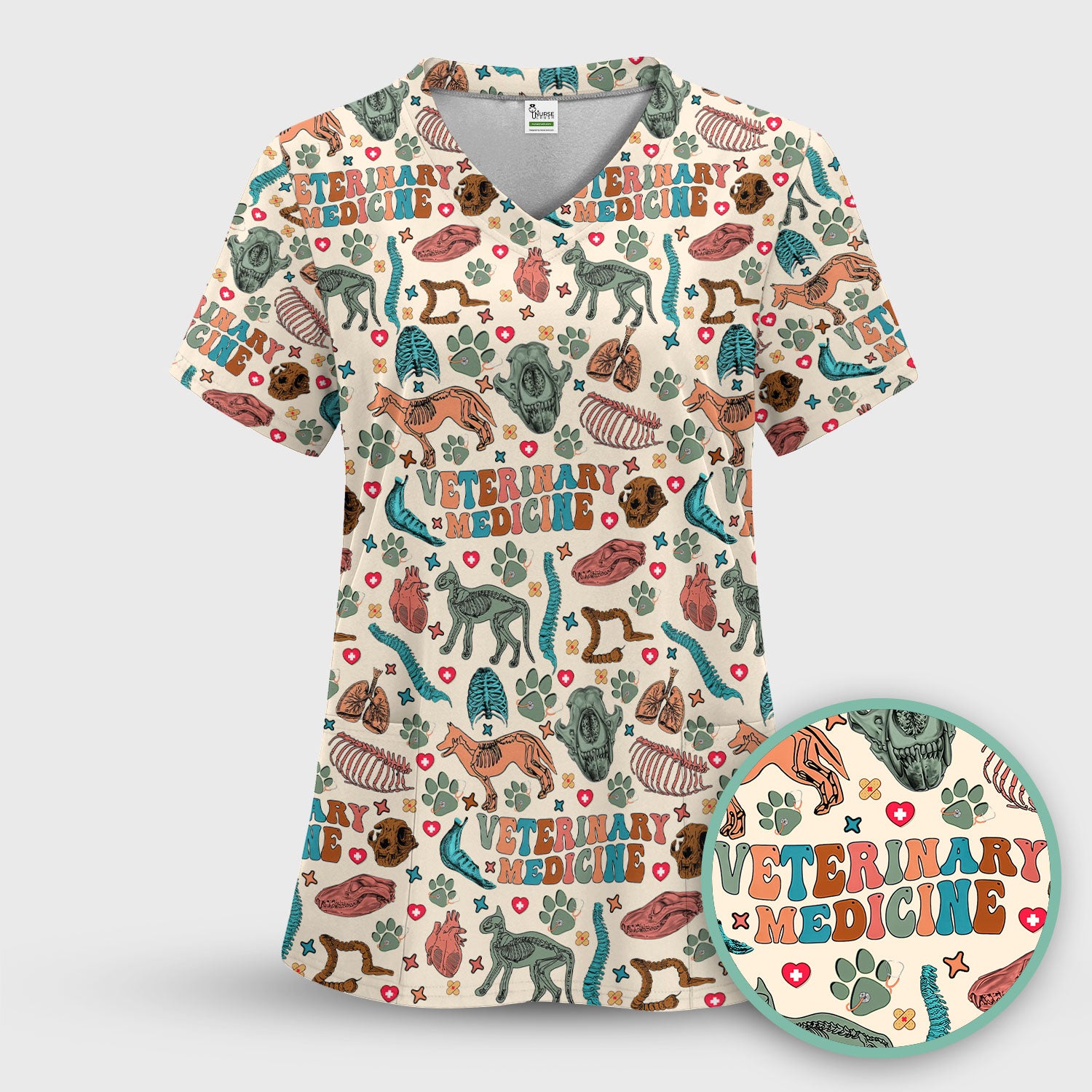 Veterinary Medicine Scrub Top - Cute Animal Anatomy Pattern Medical Shirt - Fun Vet Tech Nurse Scrubs for Women