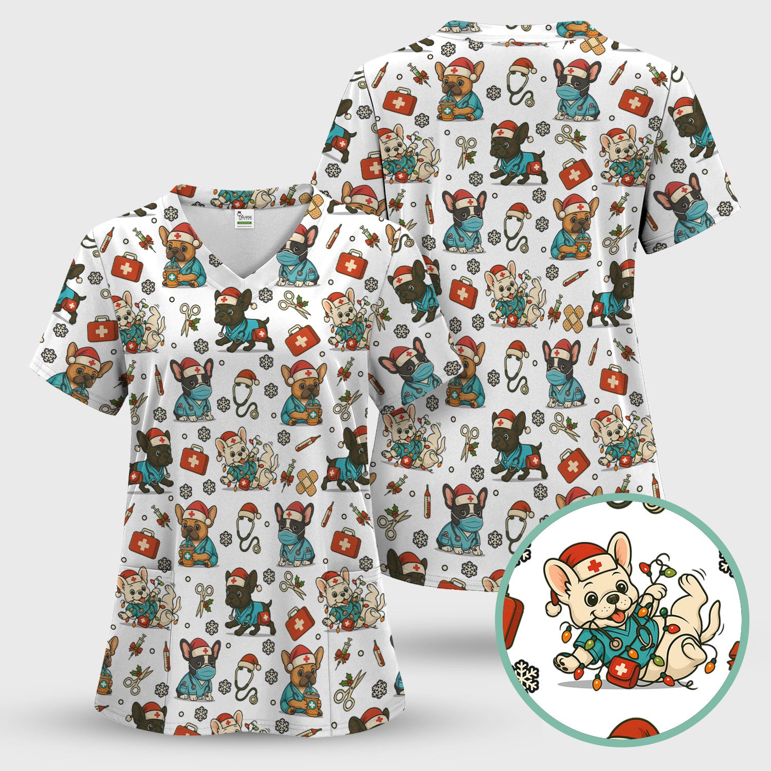 Christmas Dog Nurse Scrub Set for Women - Cute French Bulldog Pattern Scrub Top and Pants - Funny Holiday Nursing Outfit Gift for RN LPN CNA
