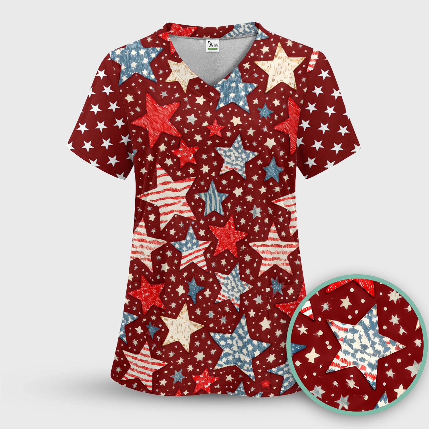 Patriotic Star Pattern Women's Scrub Set, Scrub Pants and V Neck Top