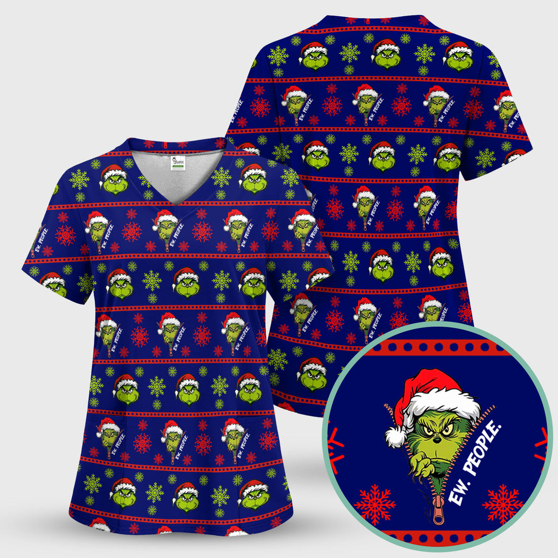 Grinch Scrub Top for Nurses - Christmas Holiday “Ew, People” Medical Uniform - Xmas Gift for RN CNA LPN