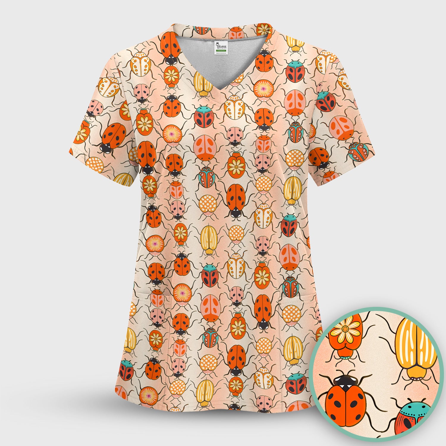 Cute Ladybug Beetle Floral Pattern Scrub Top, Breathable Fabrics Nursing Uniform