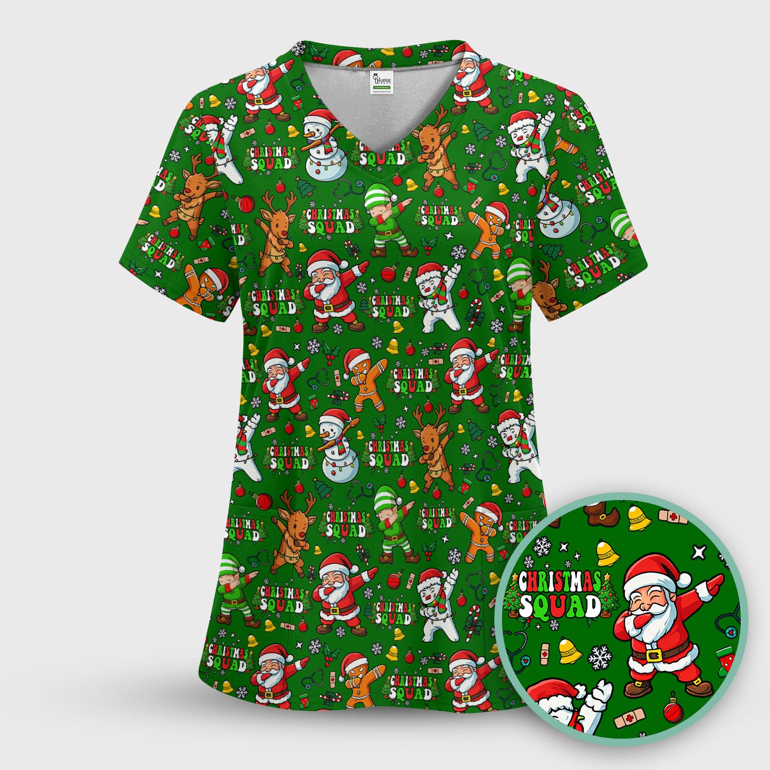 Christmas Squad Scrub Top - Dancing Santa, Reindeer & Elf Shirt - Funny Holiday Medical Uniform for Nurses, Doctors & Vet Techs