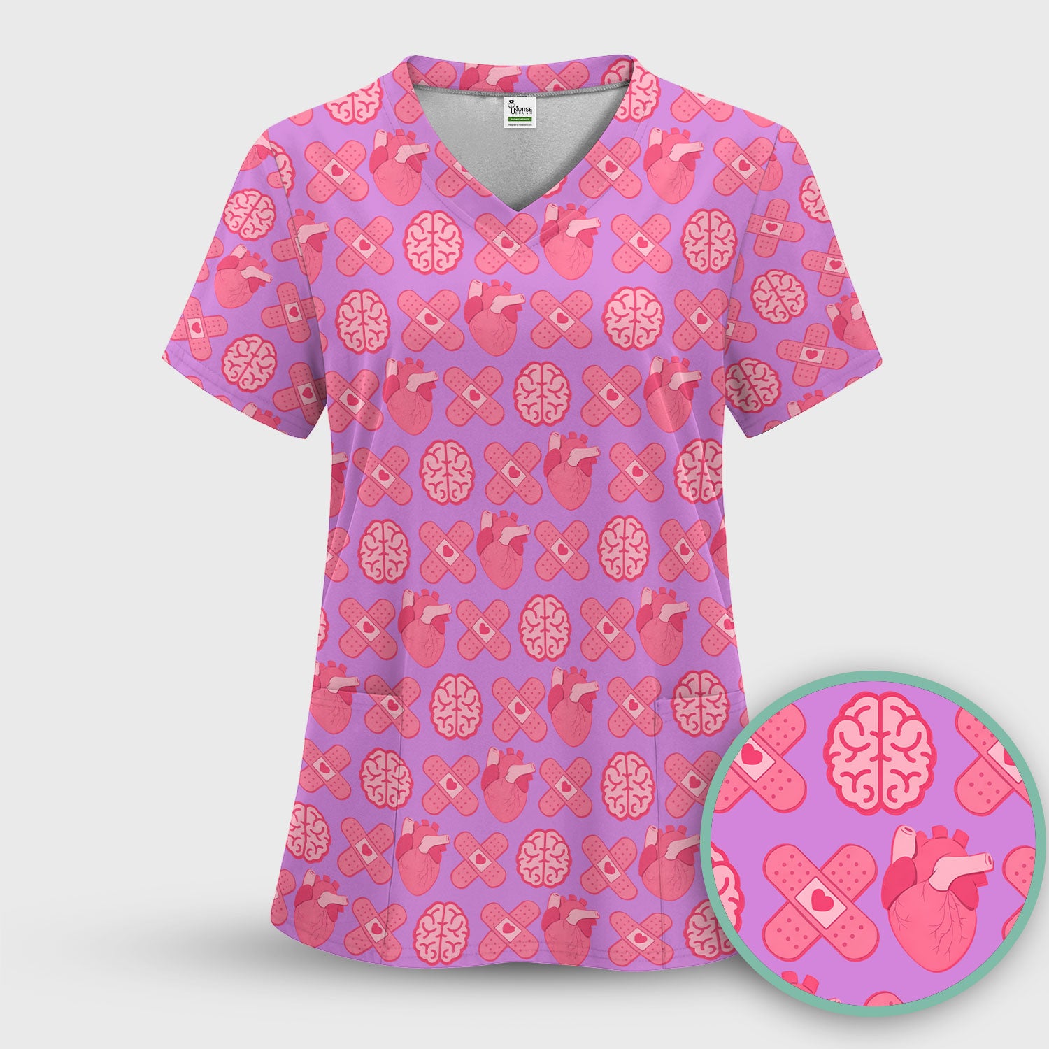 Heart & Brain Medical Icon Pattern Scrub Top, Breathable Fabrics Nursing Uniform