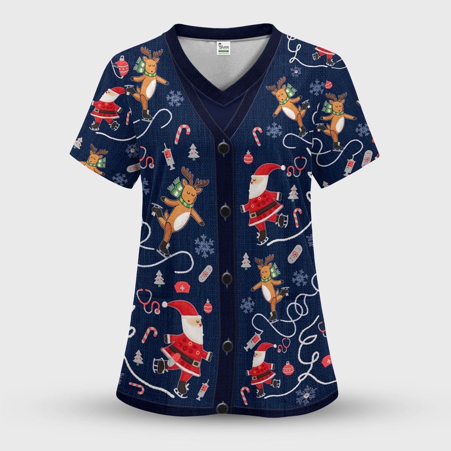 Christmas Reindeer Santa Nurse Scrub Top, Cute Holiday Medical Uniform Shirt for Women