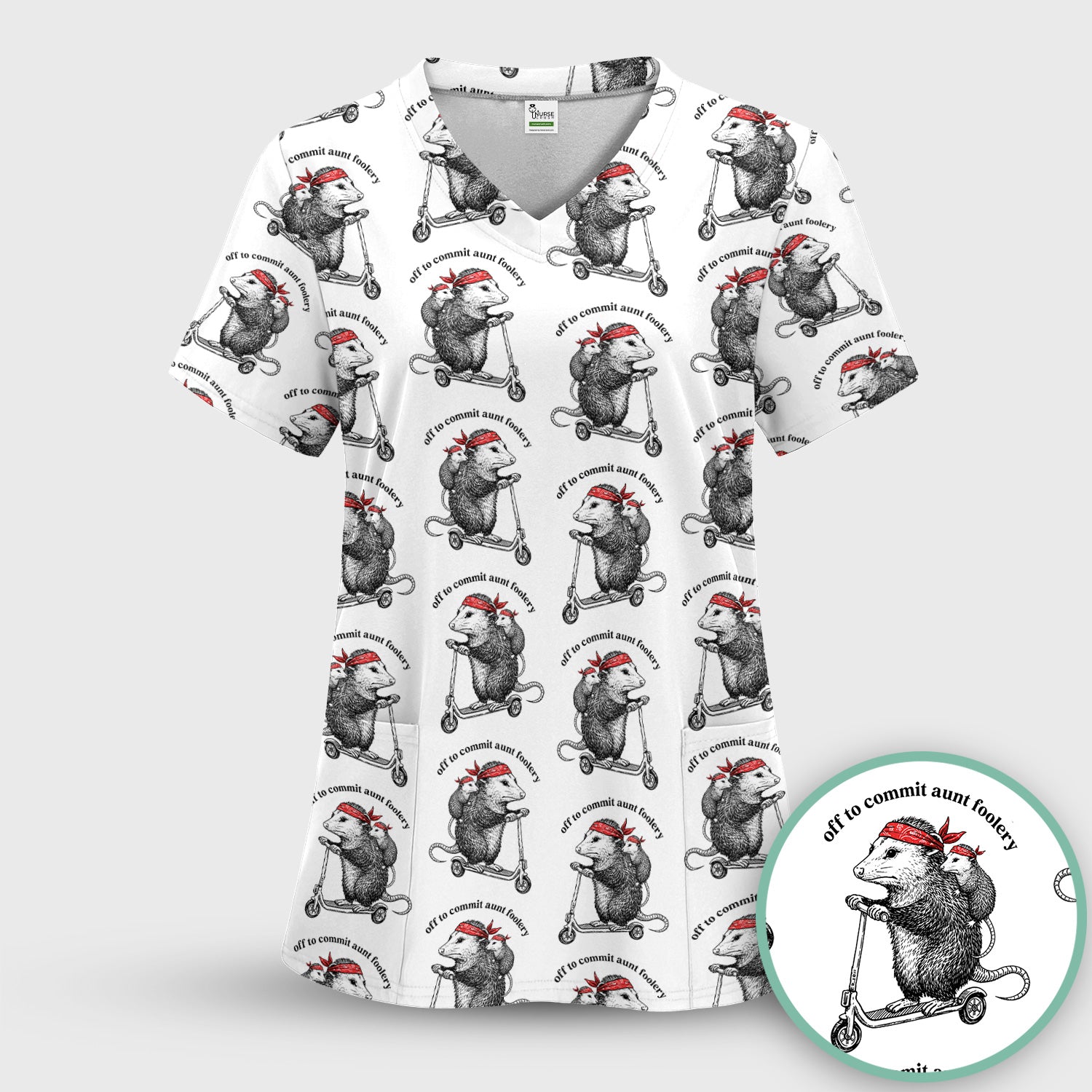 Aunt Foolery Opossum Pattern Scrub Top, Comfortable Scrubs for Nurses
