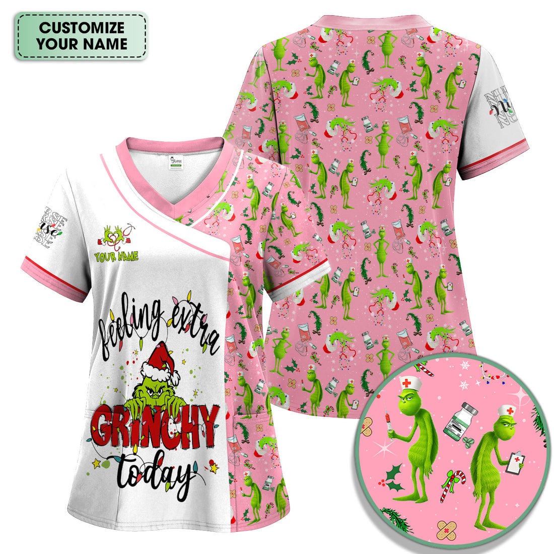 Personalized Grinch Nurse Scrub Top - Funny Christmas Scrub Shirt Multi Color - Feeling Extra Grinchy Today Holiday Nursing Gift