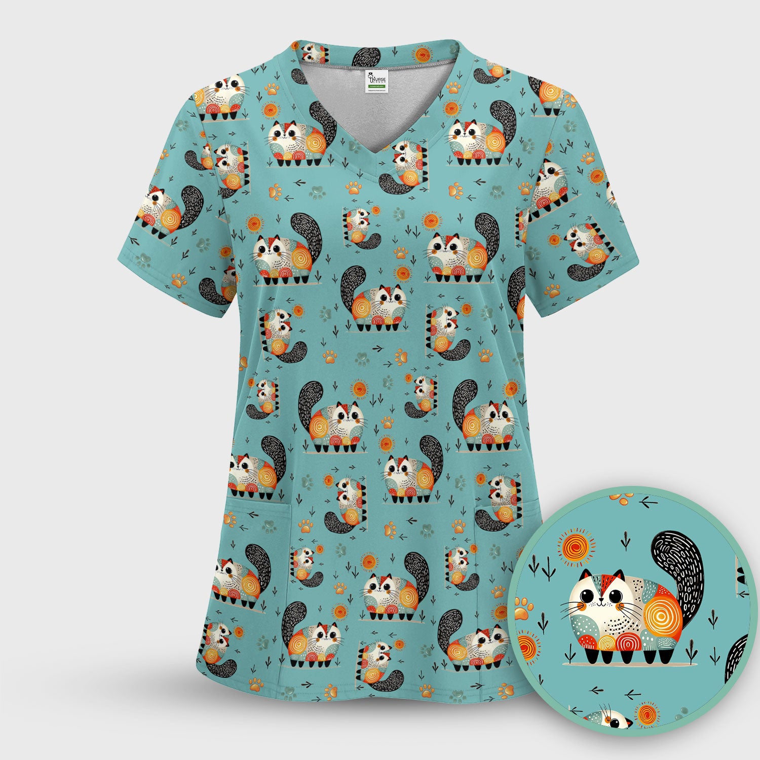 Playful Cat Illustration Nurse Scrub Top, Comfortable Scrubs for Nurses