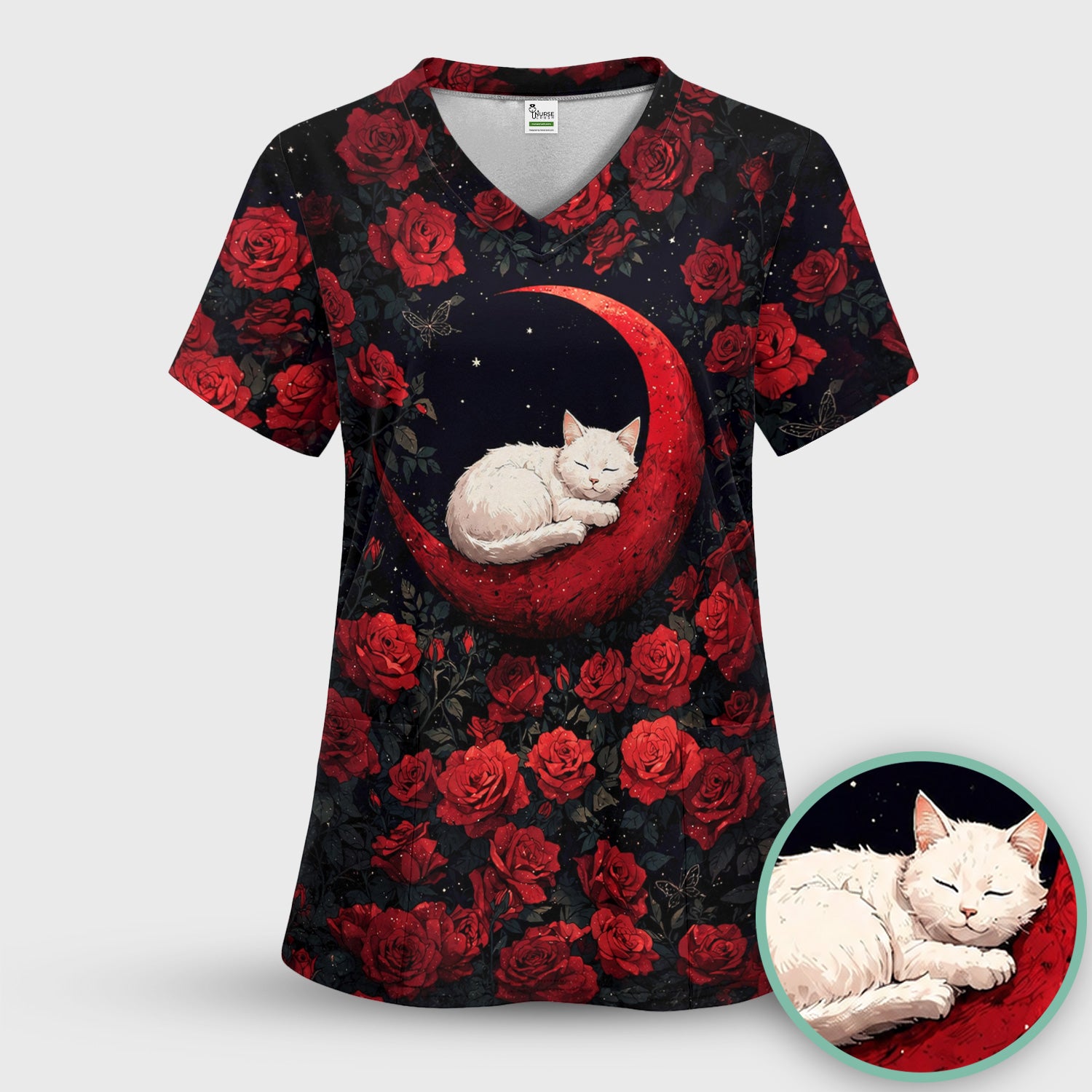Gothic Red Moon Cat Nurse for Veterinary Staff, RN, CNA, Rose Medical Scrub Top, Comfortable Scrubs for Nurses