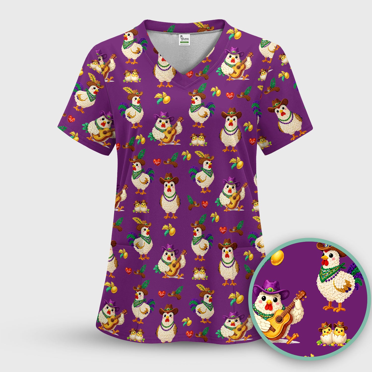 Funny Mardi Gras Rooster Cowboy Print Scrub Top, Comfortable Scrubs for Nurses