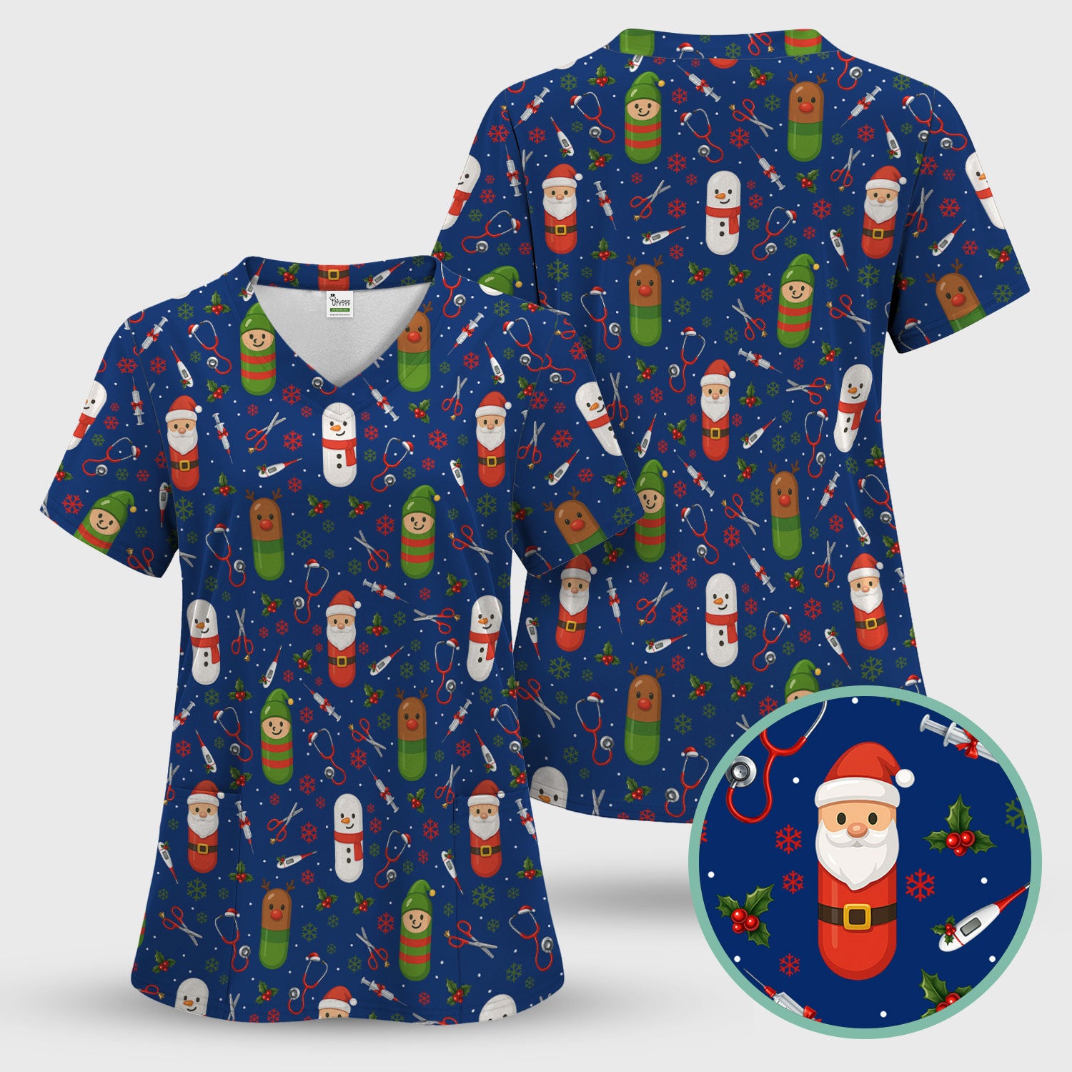 Santa Christmas Scrubs Set - Cute Holiday Pattern with Reindeer and Snowman - Fun Medical Scrub Top and Pants for Women Nurses