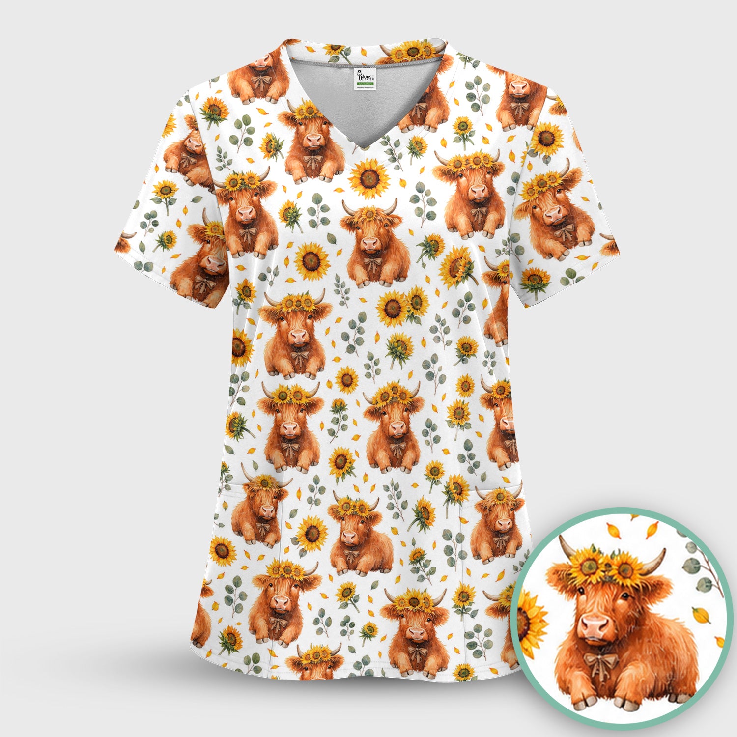 Rustic Highland Cow Floral Pattern Scrub Top, Comfortable Scrubs for Nurses