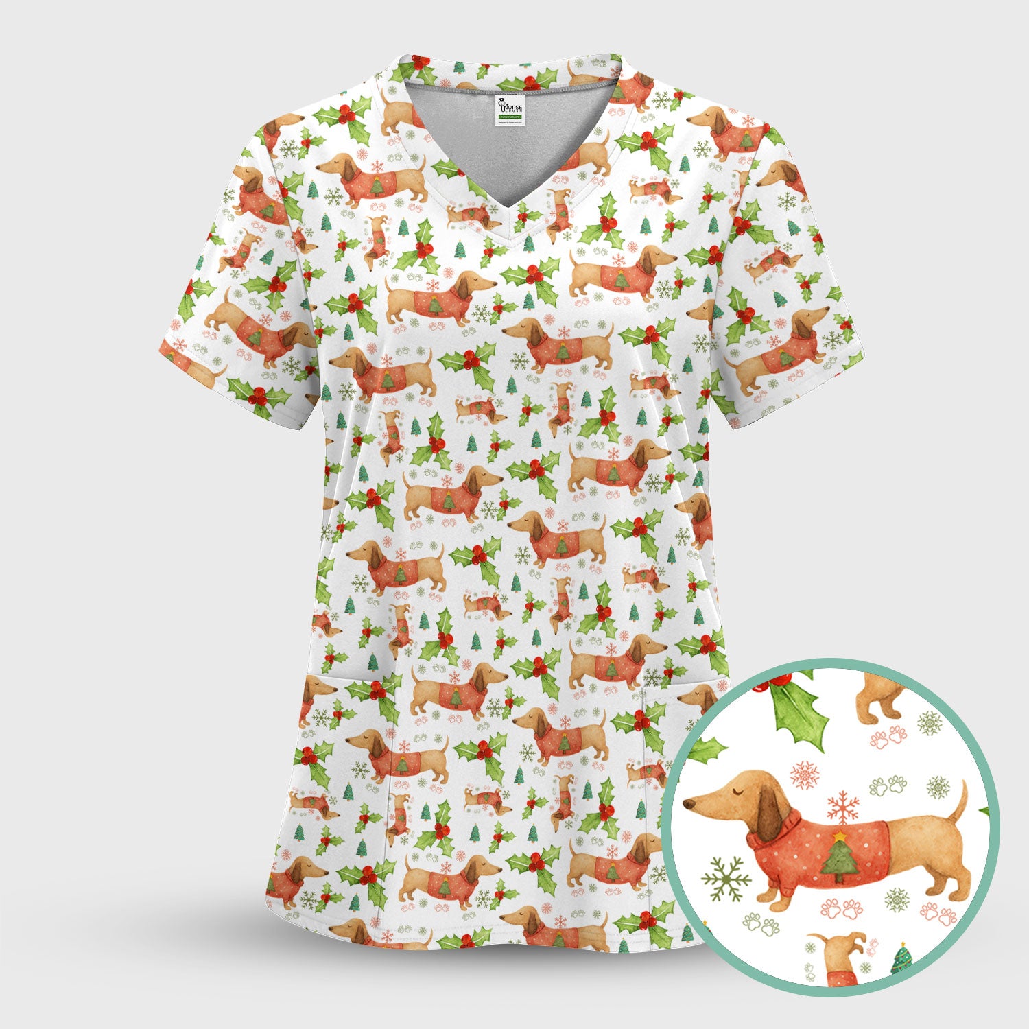 Festive Holiday Dachshund Scrub Top - Funny Sausage Dog Christmas Shirt - Wiener Puppy Lover Gift for RN CNA LPN