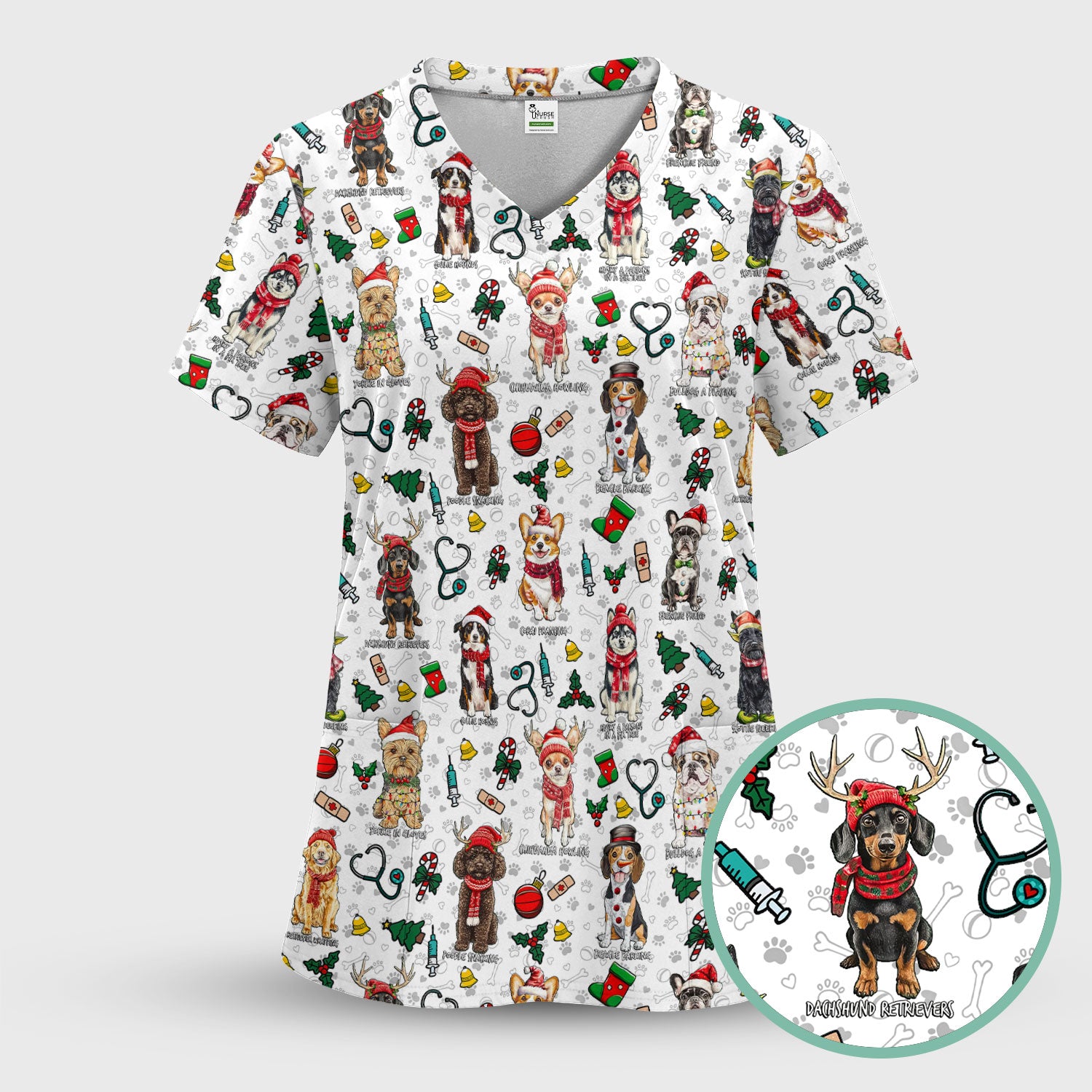 Cute Christmas Dog Scrubs for Nurses - Corgi, Dachshund, Husky, Poodle & Labrador - Funny Holiday Medical Scrub Top for Women