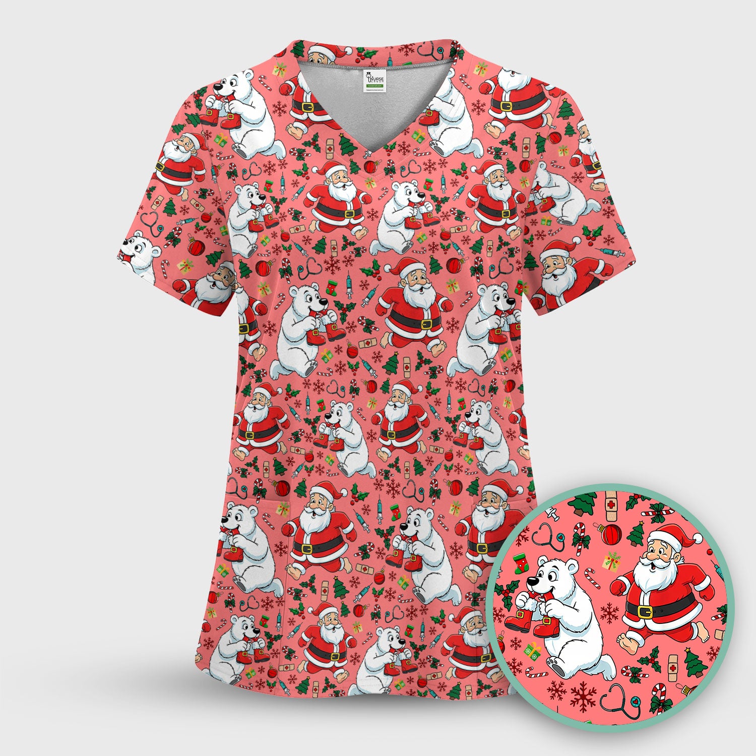 Christmas Santa & Polar Bear Scrub Top - Funny Holiday Nurse Shirt for Women - Cute Winter Medical Uniform