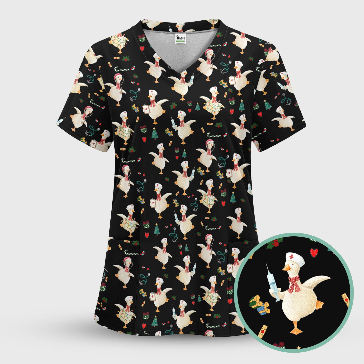 Funny Christmas Goose Scrub Top - Holiday Nurse Shirt for Women - Cute Medical Uniform Xmas Gift for RN CNA LPN Nursing Student