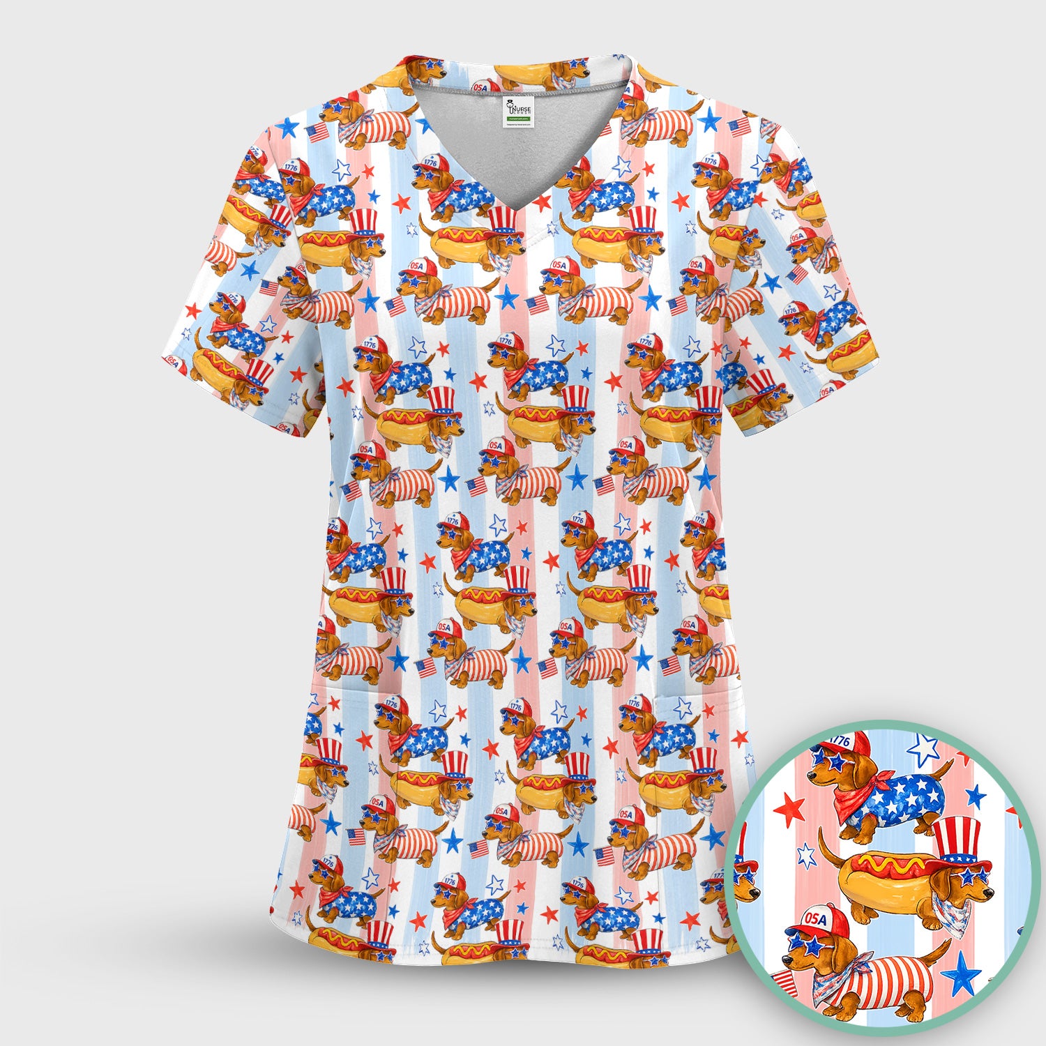 Fourth Of July Dachshund Pattern Scrub Top, Comfortable Scrubs for Nurses