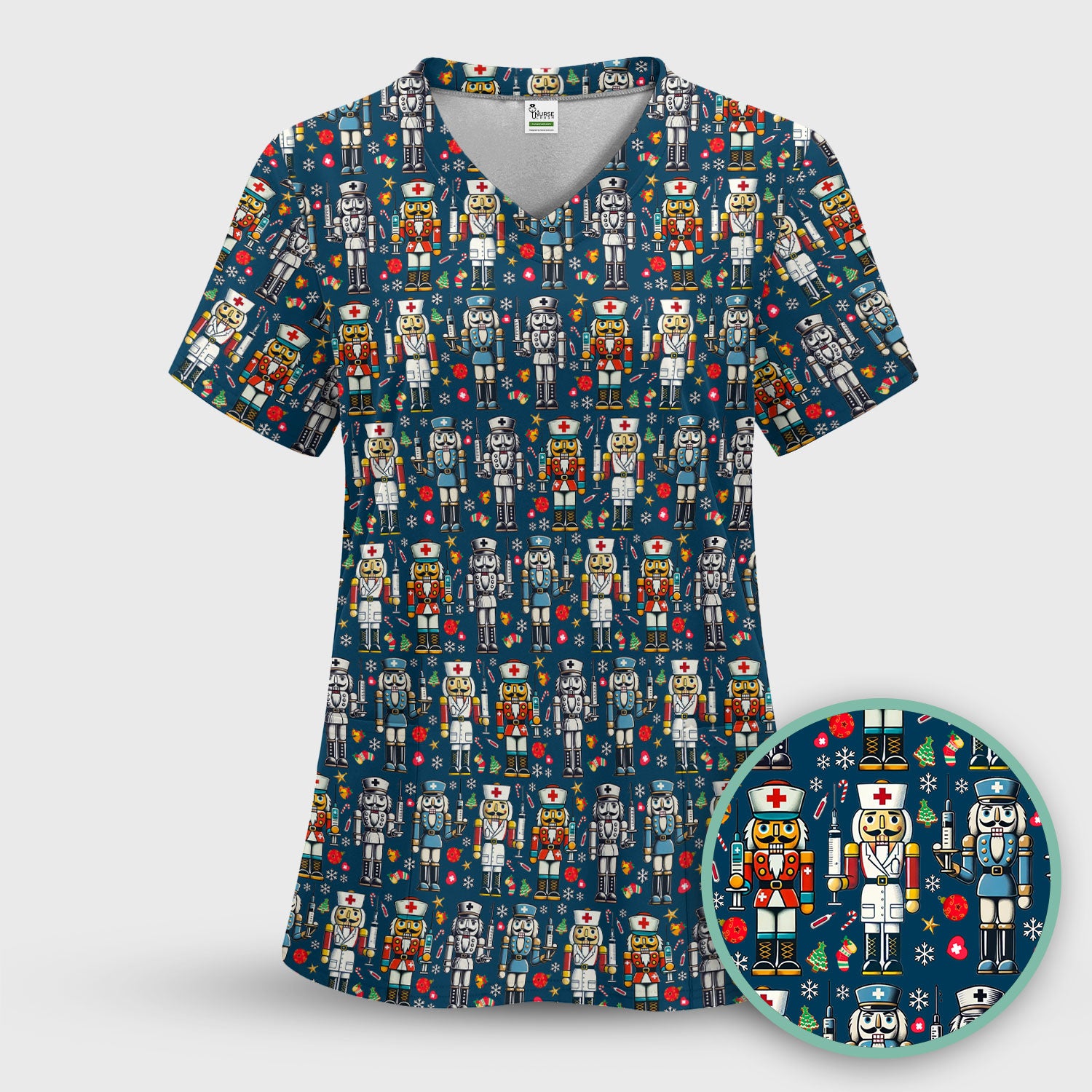 Funny Nutcracker Christmas Scrub Top – Cute Holiday Nurse Pattern Shirt – Festive Medical Uniform for RN, LPN, CNA, and Healthcare Workers