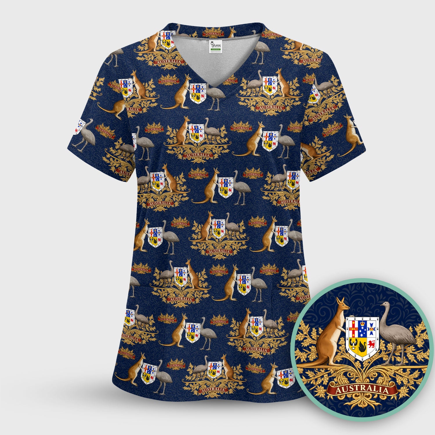 Australian Kangaroo Emu Crest Pattern Scrub Top, Comfortable Scrubs for Nurses