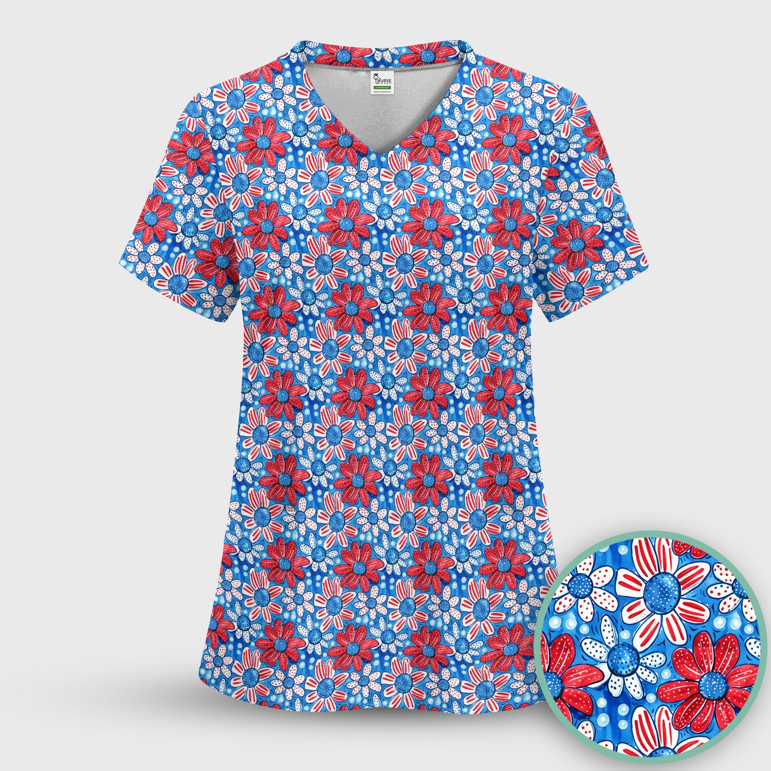 Cute Patriotic Daisy Blossom Repeat Pattern Scrub Set, Scrub Pants and V Neck Top