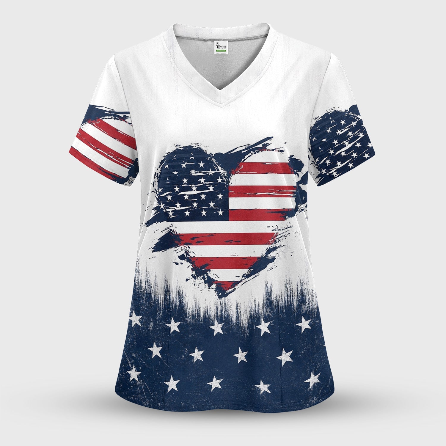 Patriotic Nurse Adorable Scrub Top USA Heart Pattern Scrub Set, Scrub Pants and V Neck Top