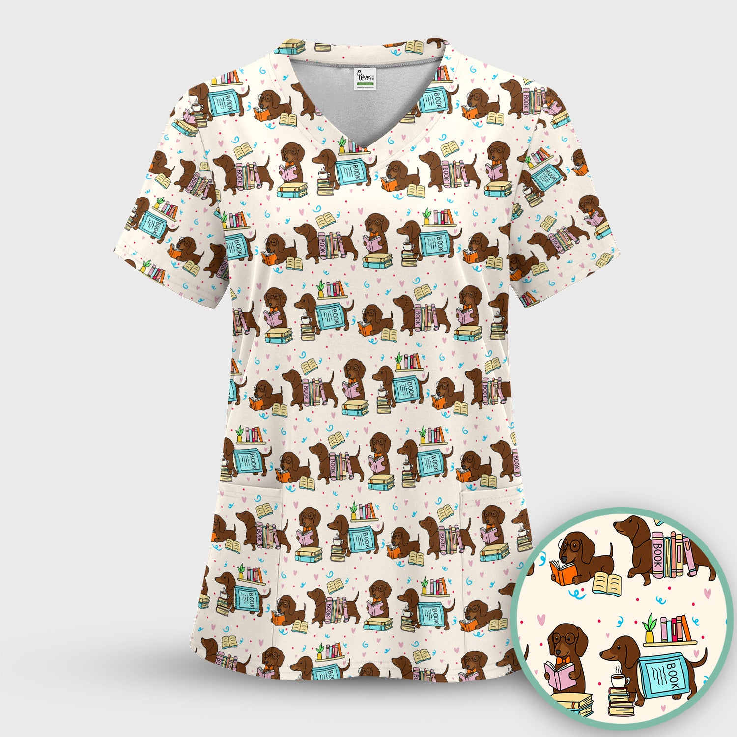 Cute Bookish Dachshund Reading Scrub Top, Comfortable Scrubs for Nurses