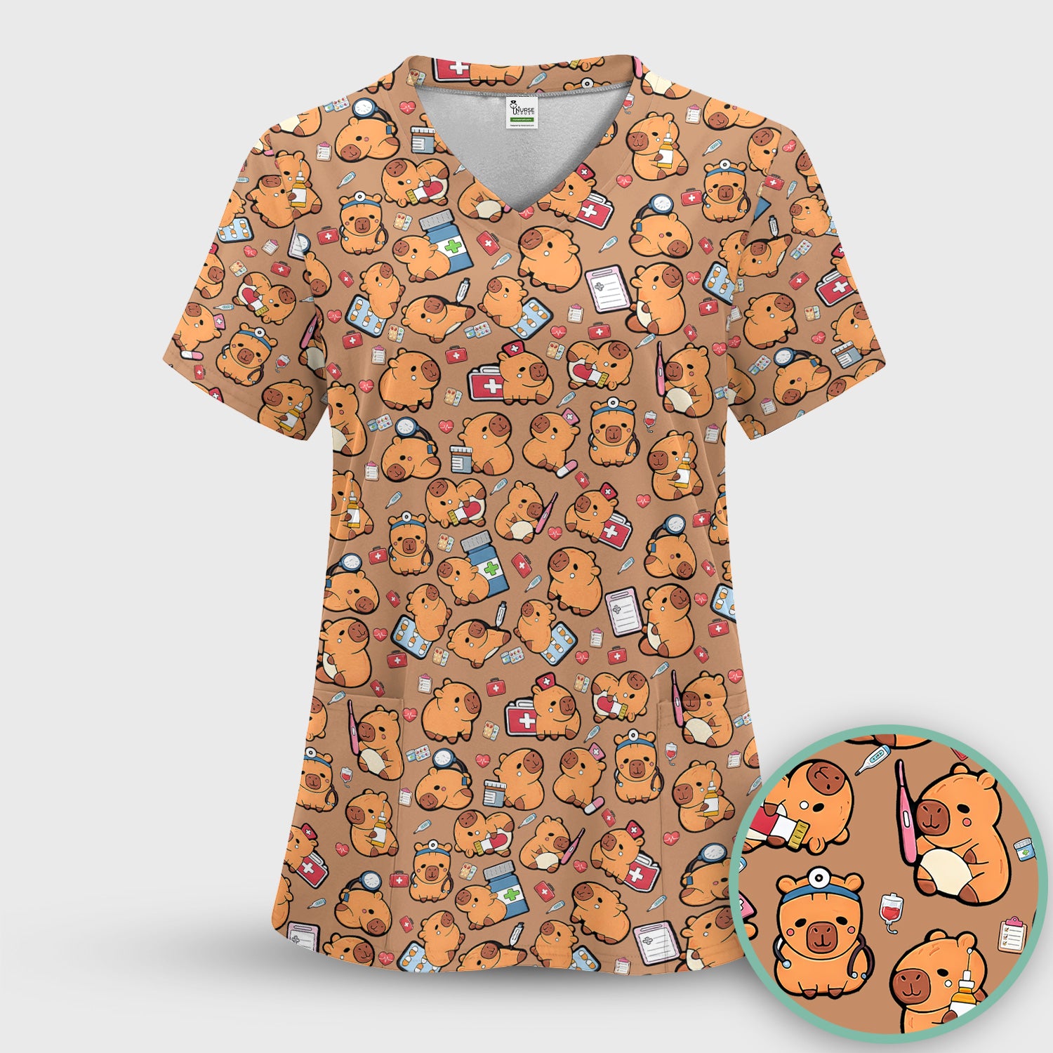 Capybara With Stethoscope And Medical Tools Seamless Scrub Set, Breathable Med Uniform