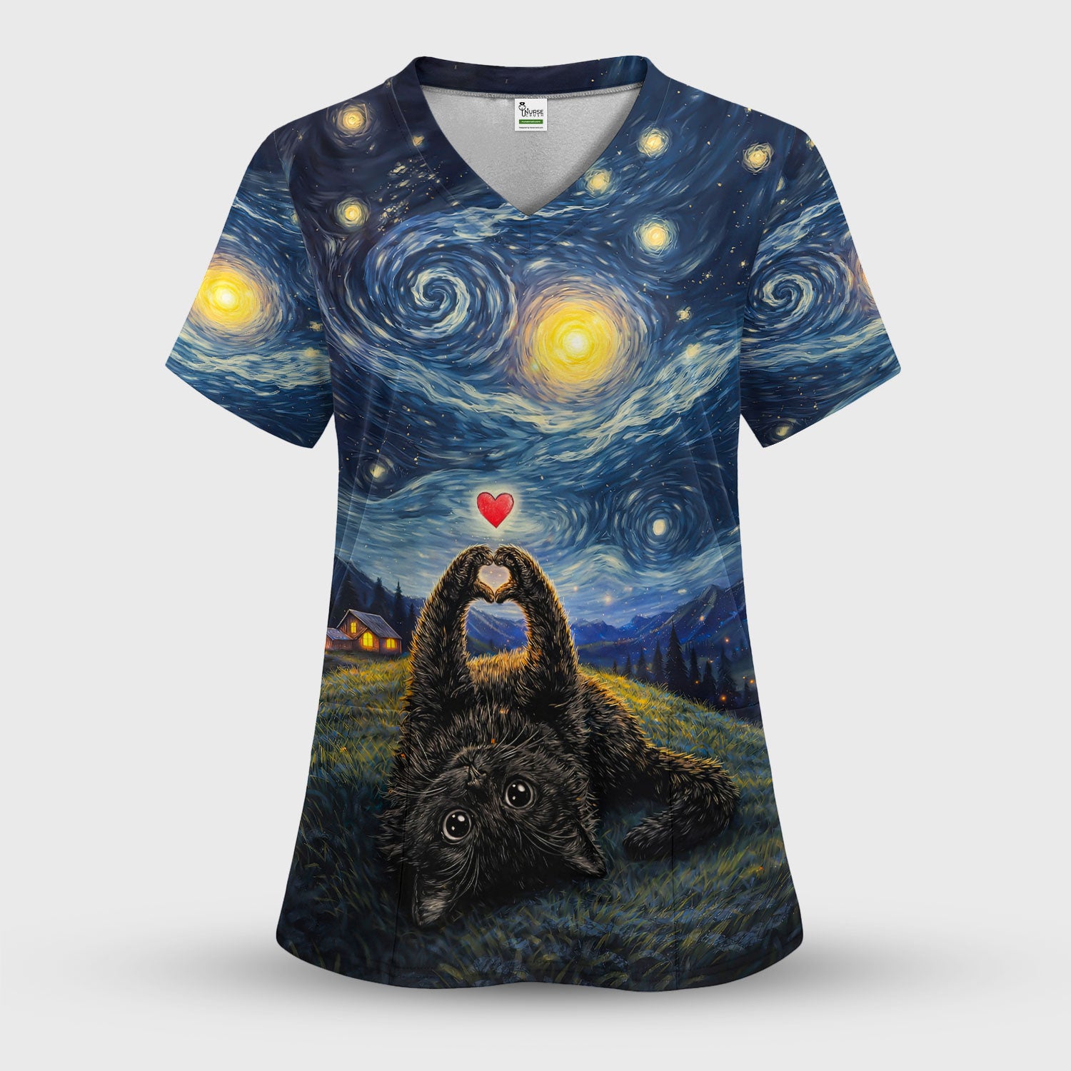 Starry Night Black Cat Heart Art Scrub Top, Breathable Fabrics Nursing Uniform