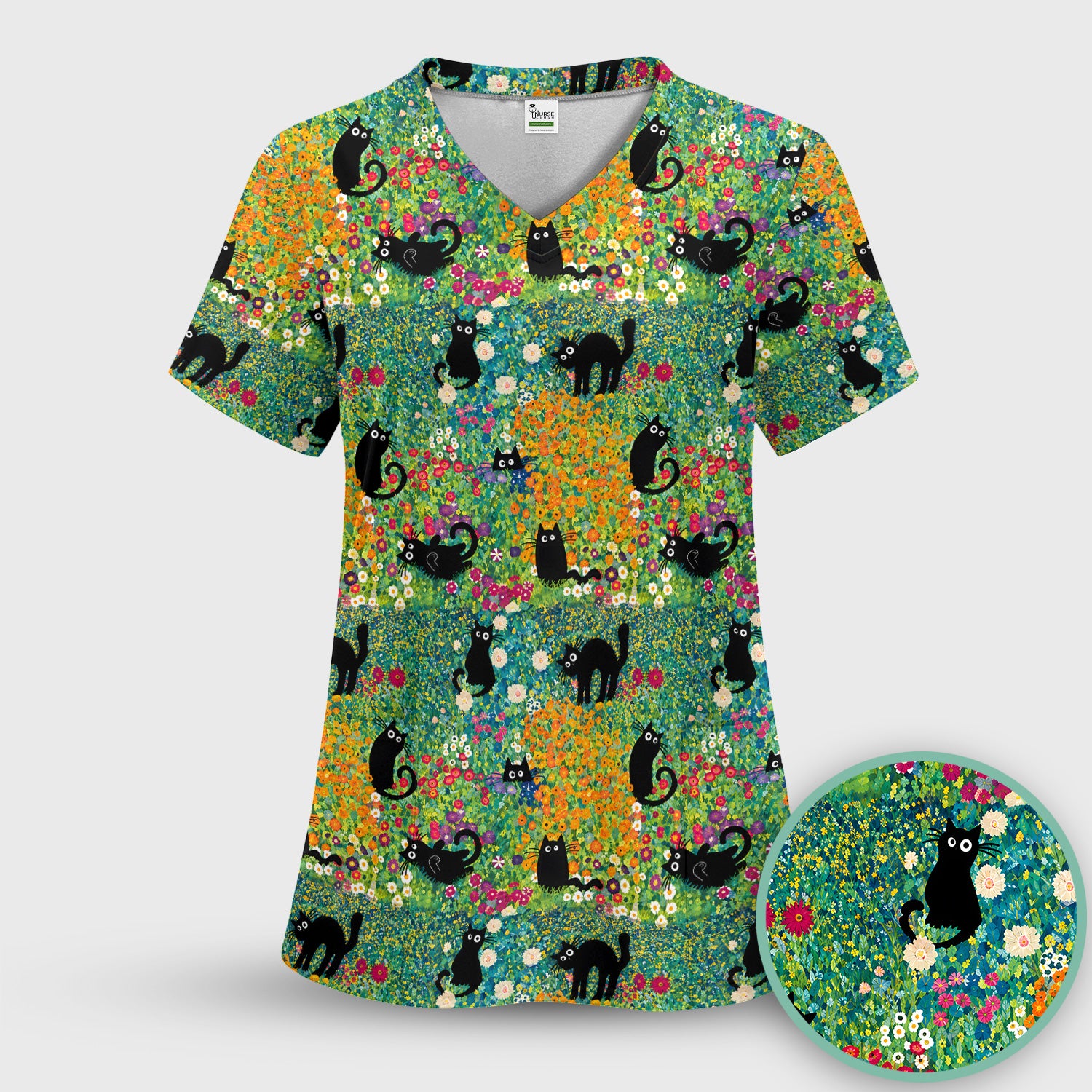 Black Cat Flower Garden Pattern Scrub Set, Scrub Pants and V Neck Top