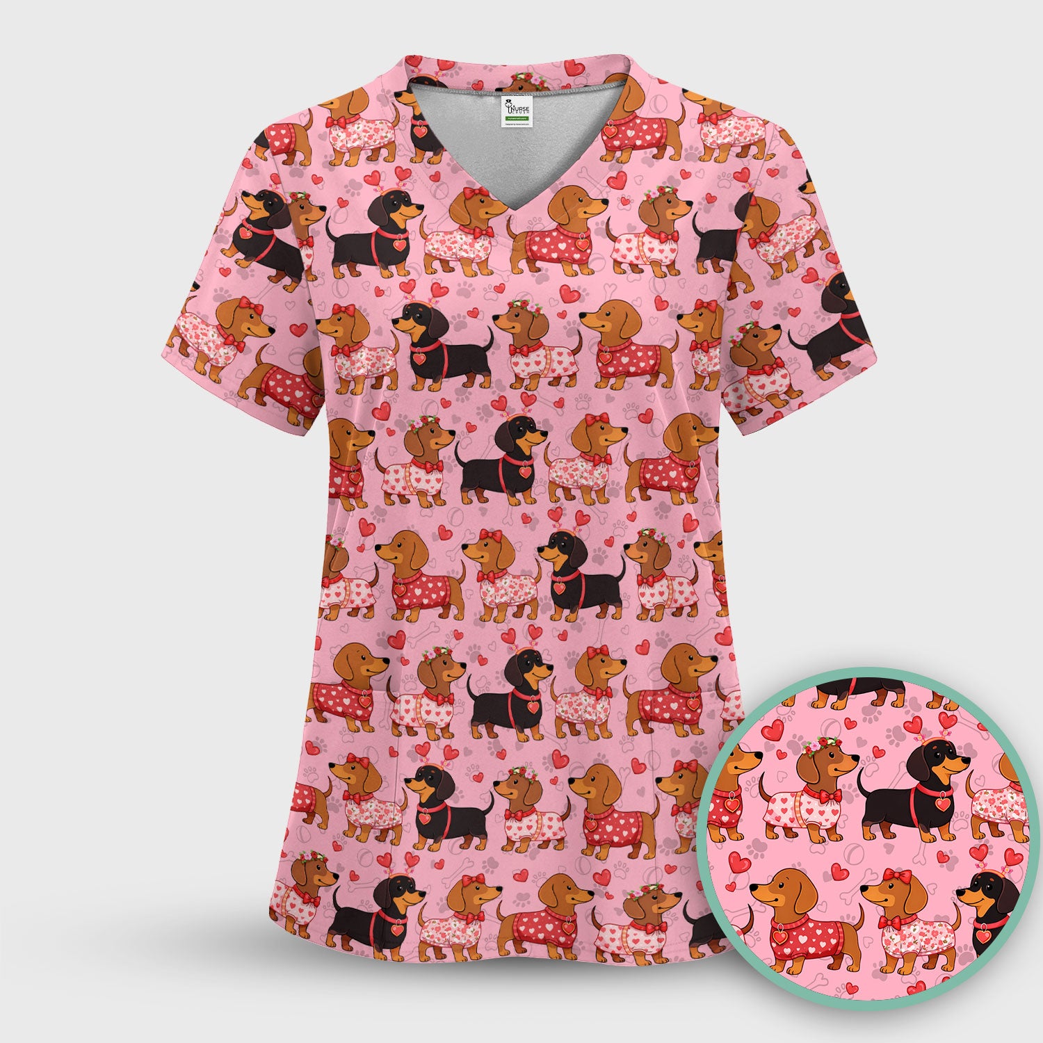 Valentine Dachshund Scrub Top, Wiener Dog Love Pattern Nurse Shirt, Breathable Fabrics Nursing Uniform