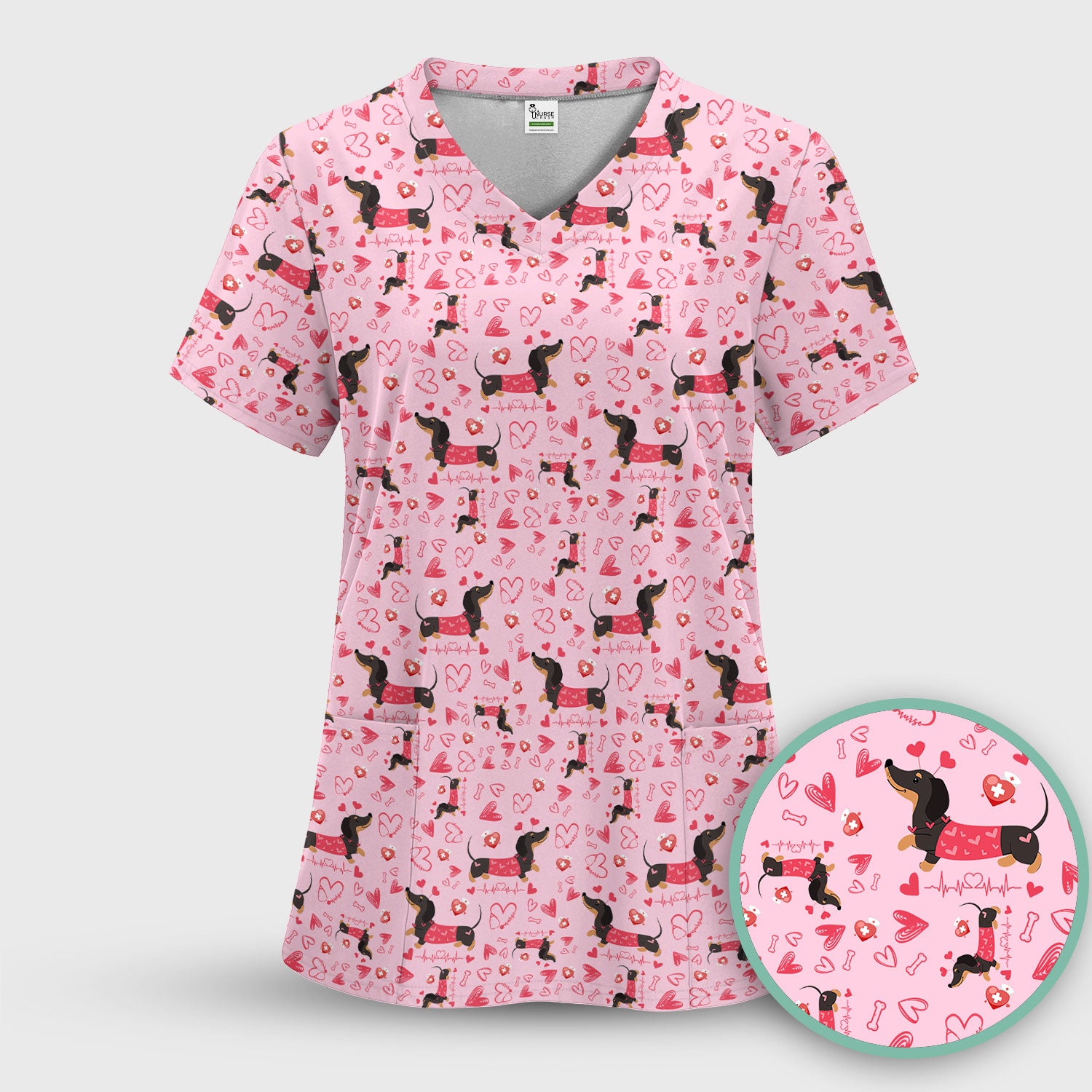 Dachshund Valentine Scrub Set, Cute Wiener Dog Heart Pattern Nurse Shirt, Breathable Fabrics Nursing Uniform