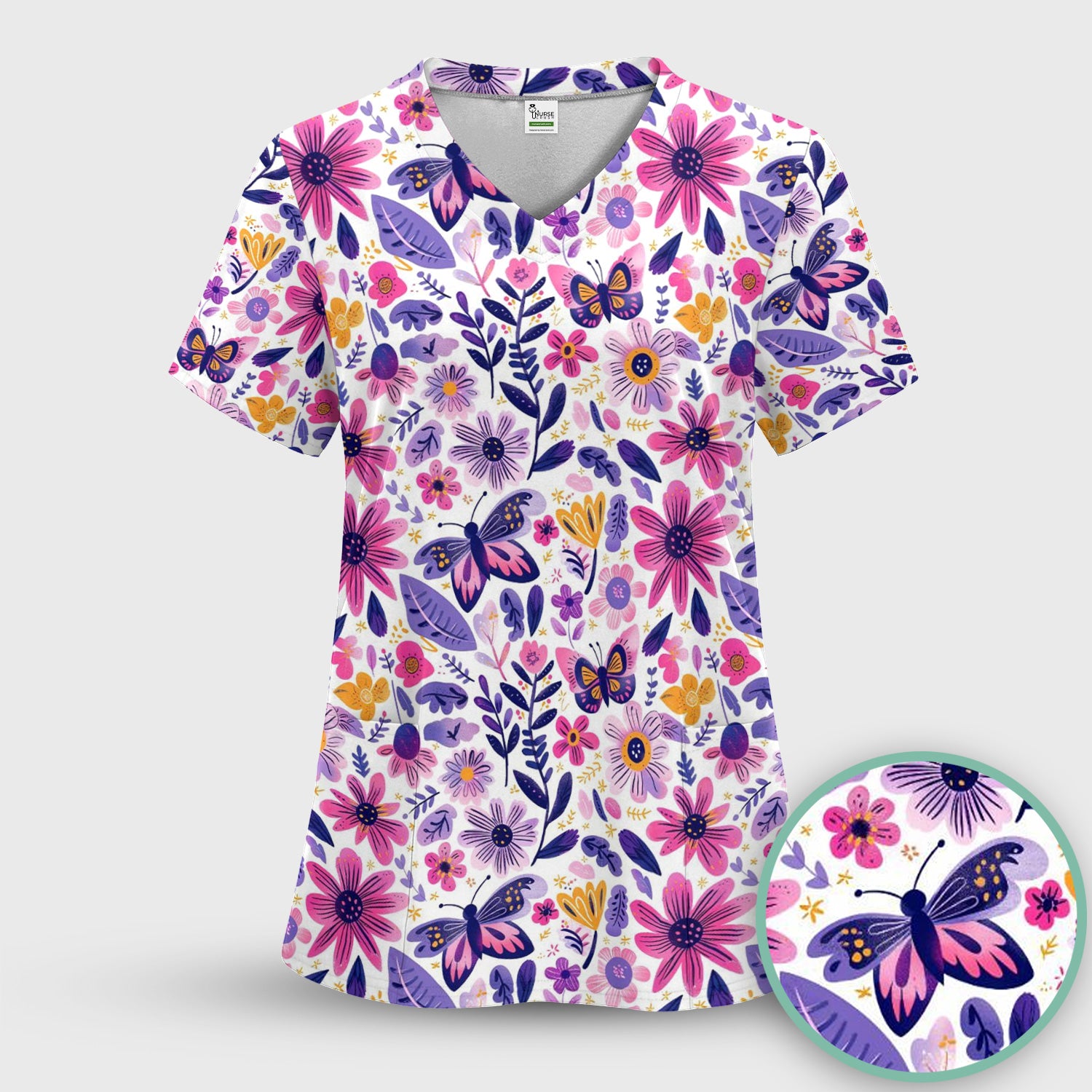 Cute Butterfly Wildflower Garden Pattern Scrub Top, Comfortable Scrubs for Nurses