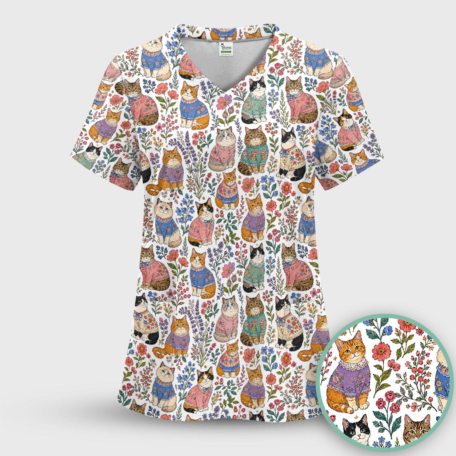 Cute Floral Cat Pattern Scrub Set, Scrub Pants and V Neck Top