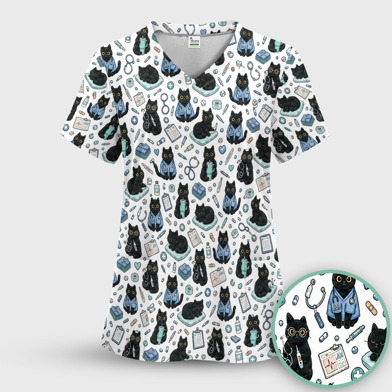 Black Cat Clinic Scrub Top, Comfortable Scrubs for Nurses