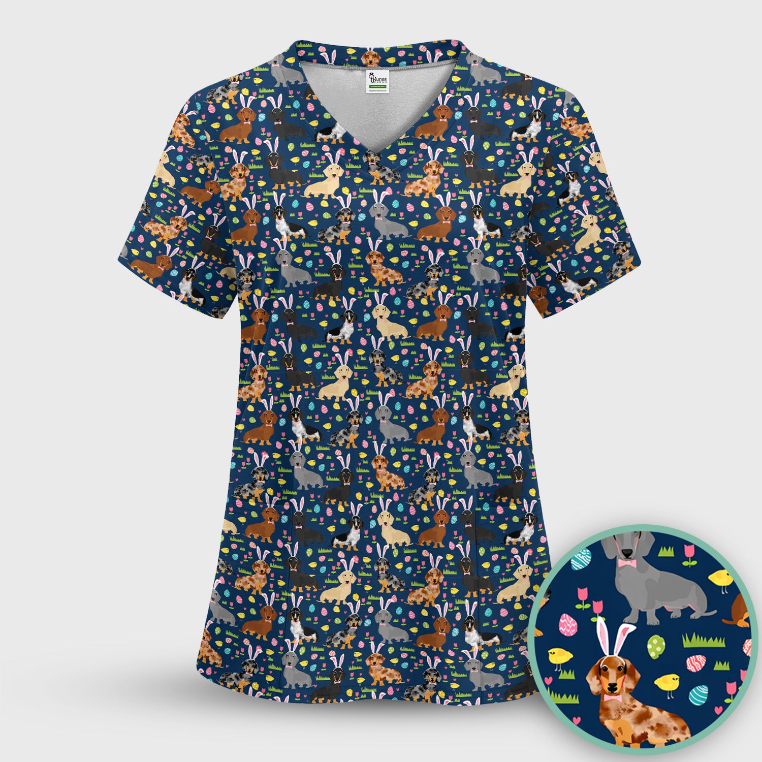Easter Dachshund Dog Pattern Scrub Top, Comfortable Scrubs for Nurses