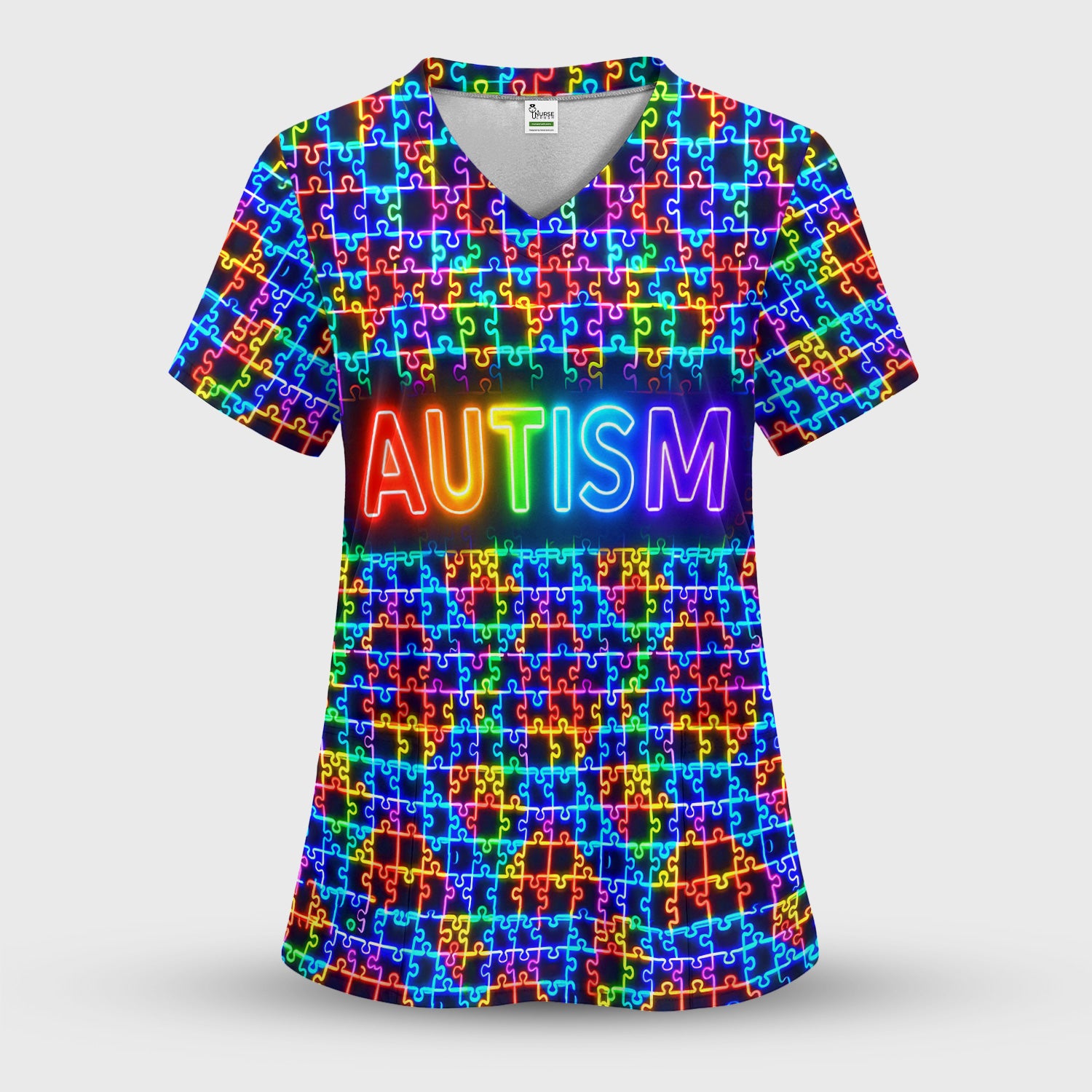 Autism Puzzle Neon Pattern Scrubs Top, Comfortable Scrubs for Nurses