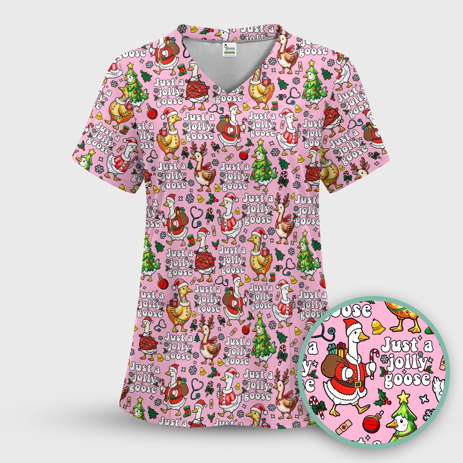 Christmas Goose Scrub Top for Nurse - Funny Jolly Holiday Medical Shirt for Women