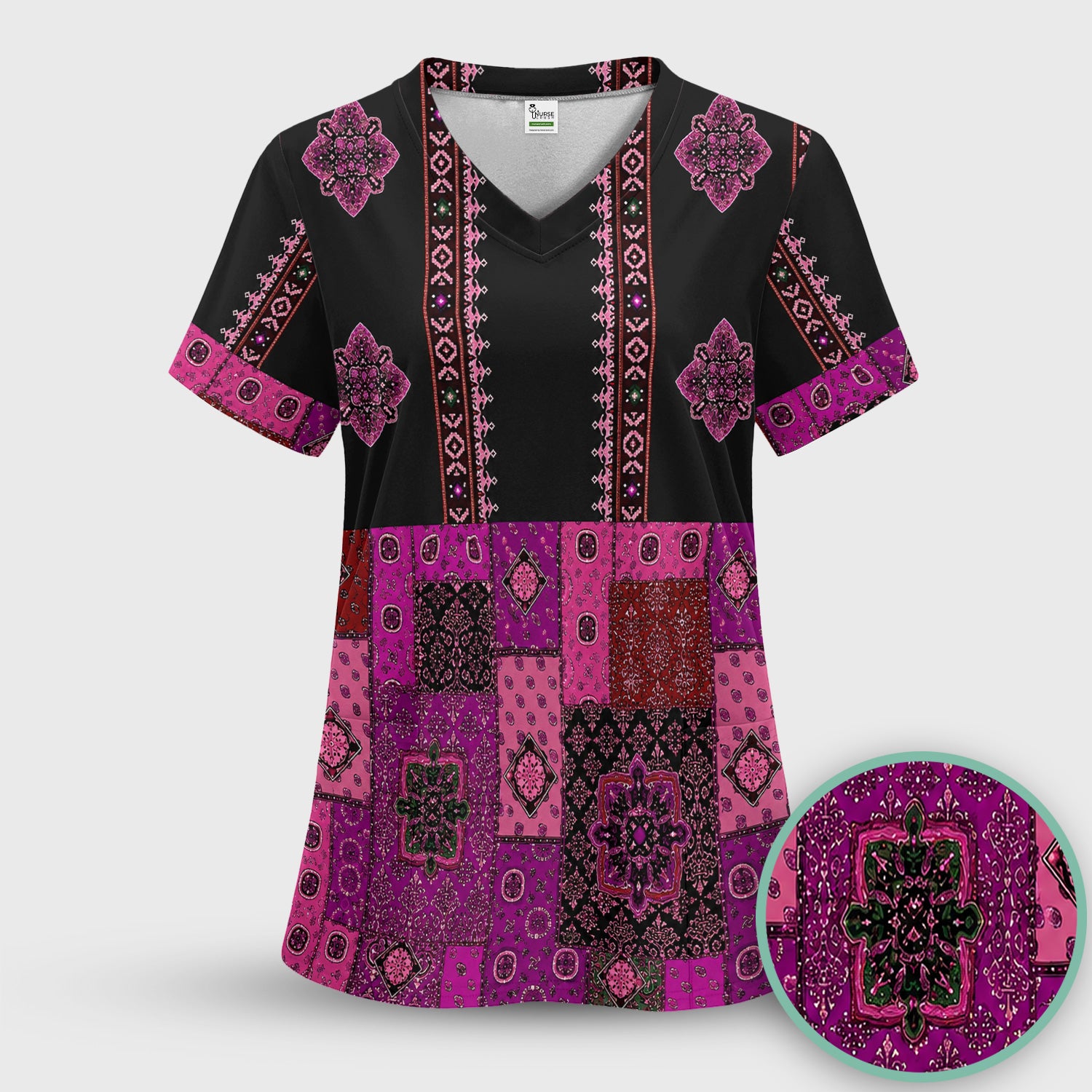 Boho Pink Bandana Patchwork Pattern Scrub Top, Comfortable Scrubs for Nurses
