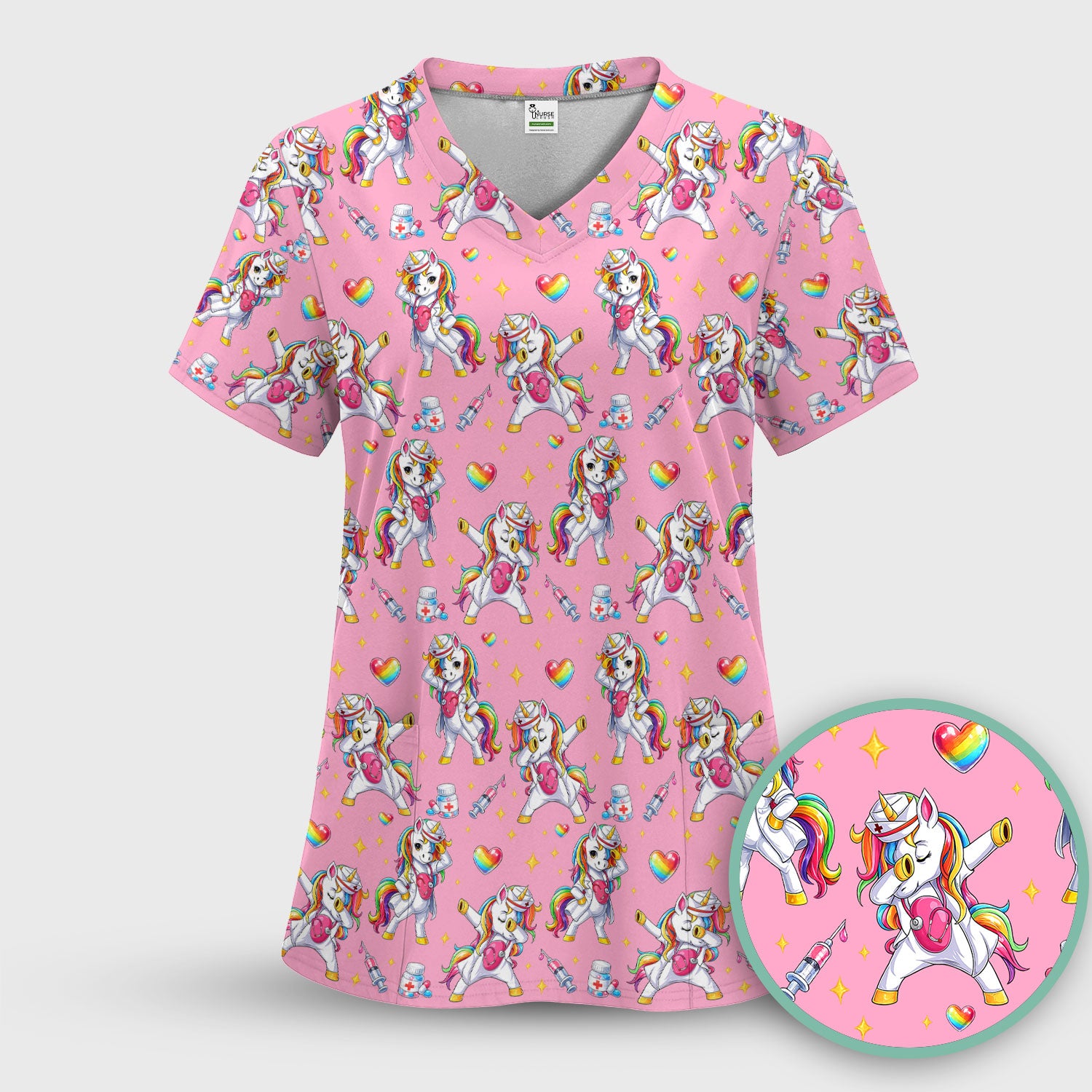 Playful Nurse Unicorn Rainbow Pattern Scrub Top, Comfortable Scrubs for Nurses