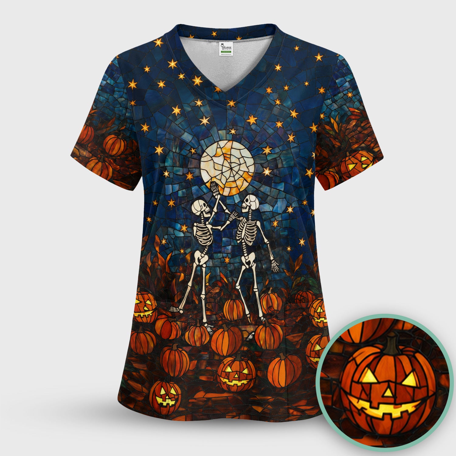 Halloween Skeleton Pumpkin Patch Scrub Set, Scrub Pants and V Neck Top