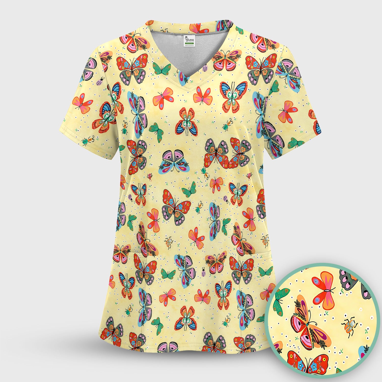 Colorful Butterfly Garden Pattern Scrub Top, Breathable Fabrics Nursing Uniform
