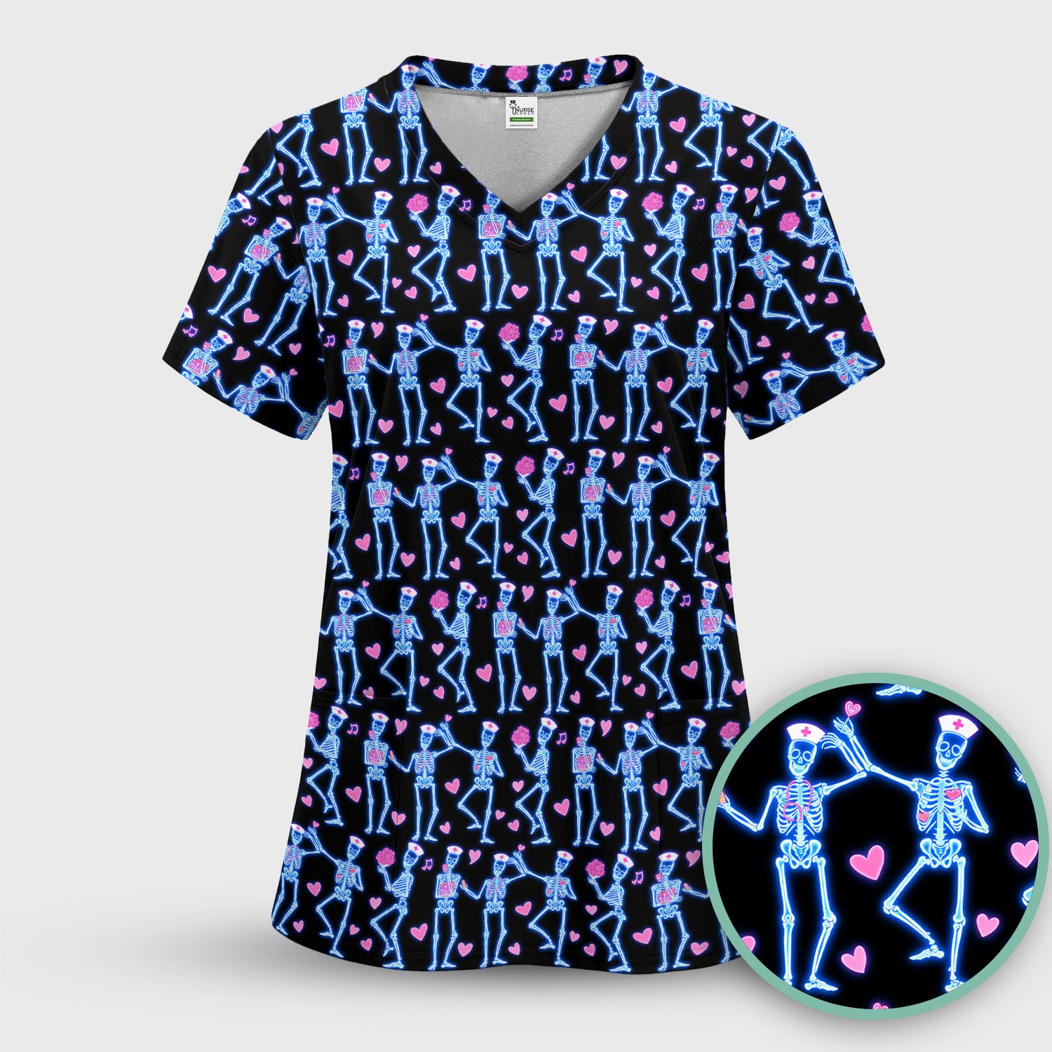 Skeleton Nurse Heart Pattern Scrub Sets, Playful Nurse Style, Scrub Pants and V Neck Top
