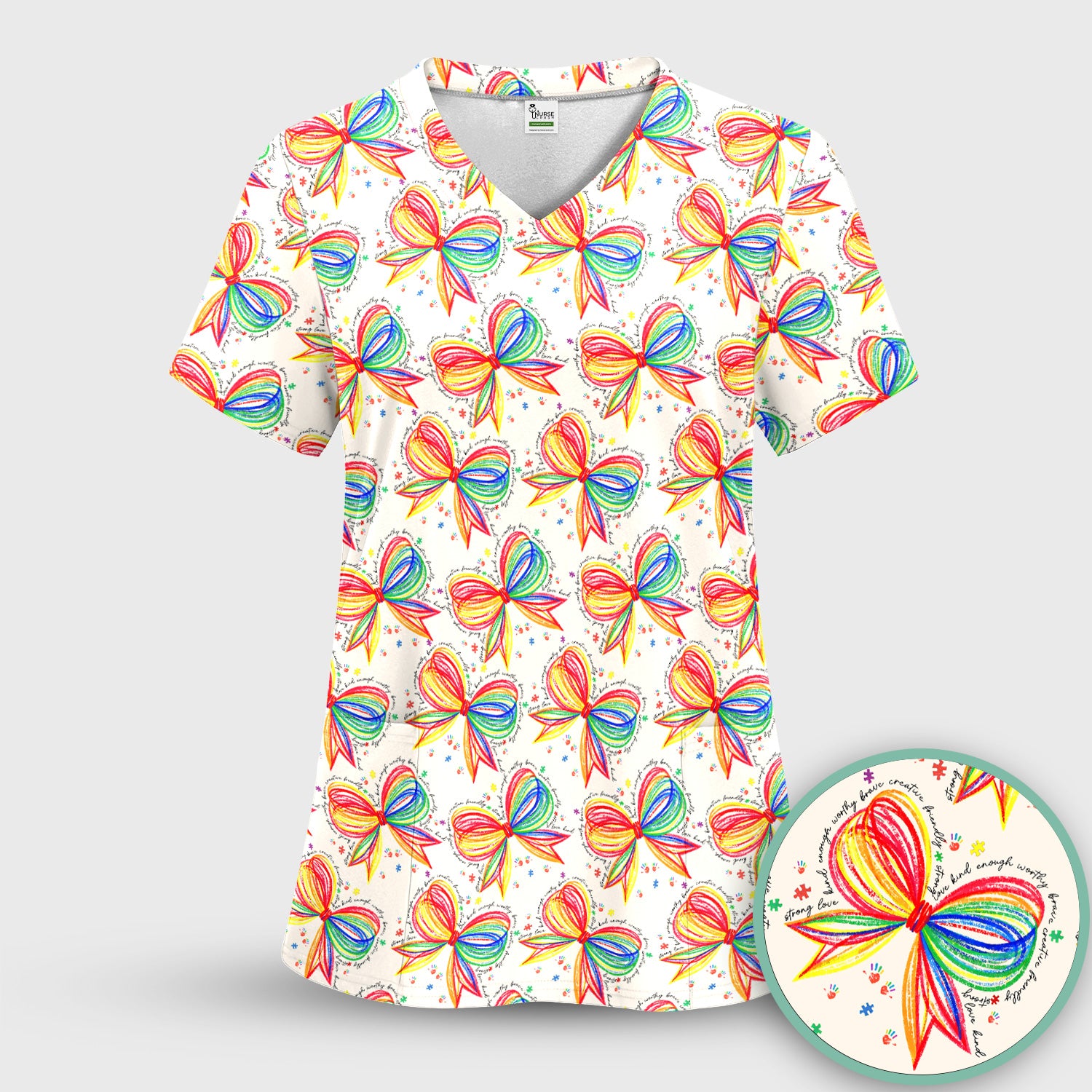 Colorful Rainbow Bow Pattern Scrub Top, Comfortable Scrubs for Nurses
