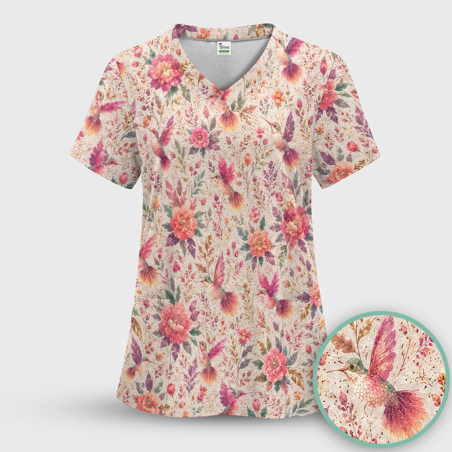 Hummingbird Floral Garden Pattern Scrub Set, Scrub Pants and V Neck Top