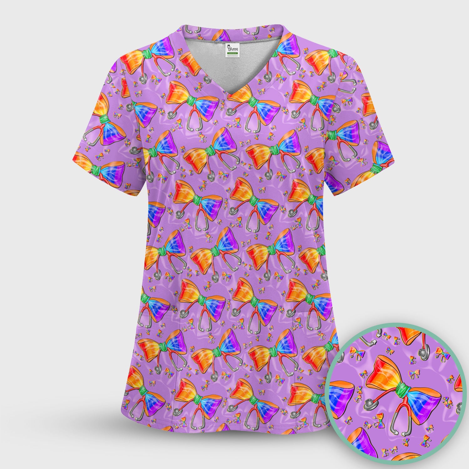 Colorful Rainbow Bow Stethoscope Pattern Scrub Top, Breathable Fabrics Nursing Uniform
